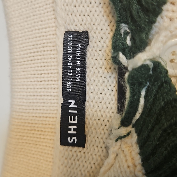 Shein Cream Floral‎ Embroidered Cable Knit Cardigan Sweater Green Trim - Picture 4 of 6